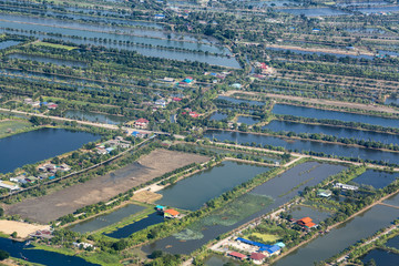 Water ponds in suburbs of Bangkok. Aerial view.