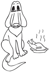 dog sitting near a bowl of chicken