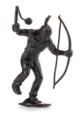 North American indian with mace and bow close-up isolated on white . Miniature figurine of a...