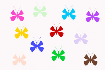 Разноцветные бабочки на белом фоне. Изолированные бабочки. Шаблон, заготовка, яркий, разноцветный.  