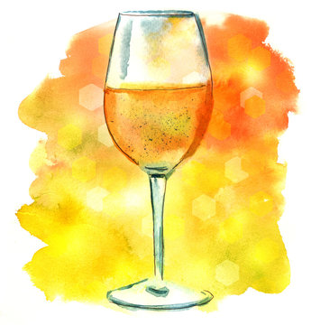 Watercolor white wine glass drawing on festive golden background