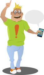 Happy cartoon man holding a smartphone in his hand, EPS 8 vector illustration