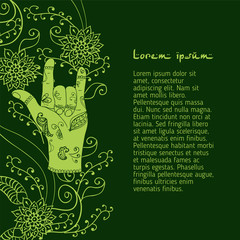 Element yoga attracting love mudra hands with mehendi patterns.