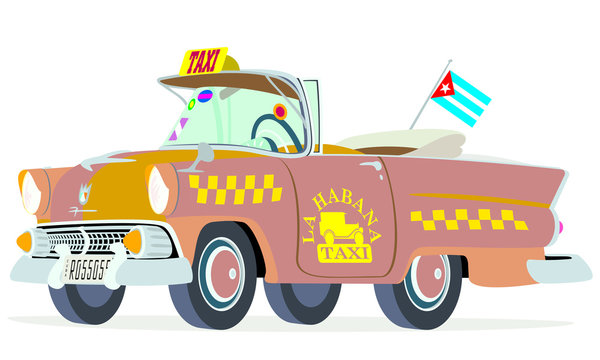 Caricatura Ford Sunliner convertible 1955 abierto  taxi Cuba marr&oacute;n vista frontal y lateral
