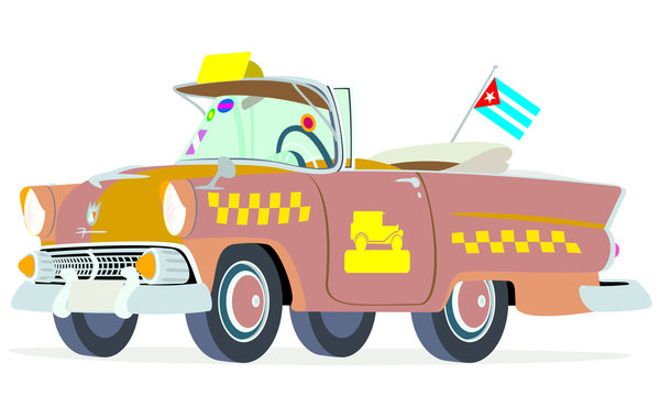 Caricatura Ford Sunliner convertible 1955 abierto  taxi Cuba marr&oacute;n vista frontal y lateral