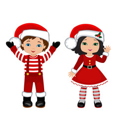 Boy and Girl with Christmas Costume. Vector cartoon illustration.