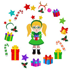 Obraz na płótnie Canvas Girl with Christmas Costume and round frame. Vector cartoon illustration.