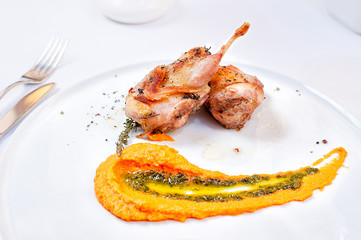 Quail Meat Under Pumpkin Puree