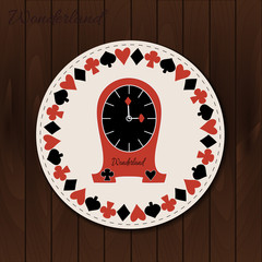 Clocks - drink coaster from Wonderland on Wooden Background. 