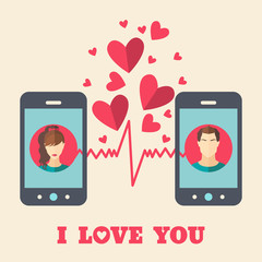 Valentine's day card with man and woman avatars on smartphone displays in flat style