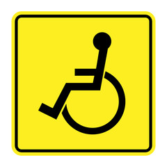 Disabled sign on yellow background. Handicapped person icon isolated in a black square. Permissive warning sign for the disabled