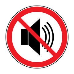 No noice icon. Indicating signal to silence, mute. Speaker with loud prohibited sign. Silence, mute. Red prohibition symbol not sound or music isolated on white background. Stock Vector illustration