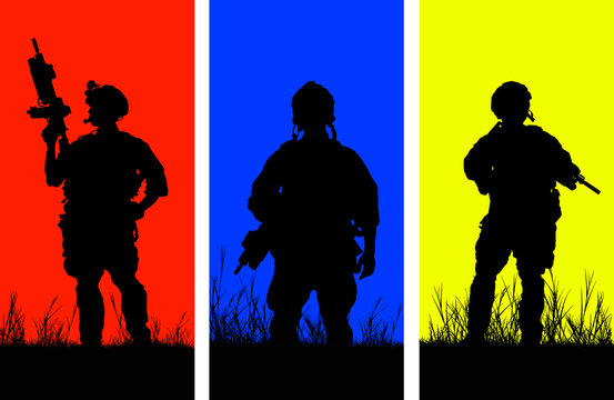Three Rangers silhouette with arms on different colored background