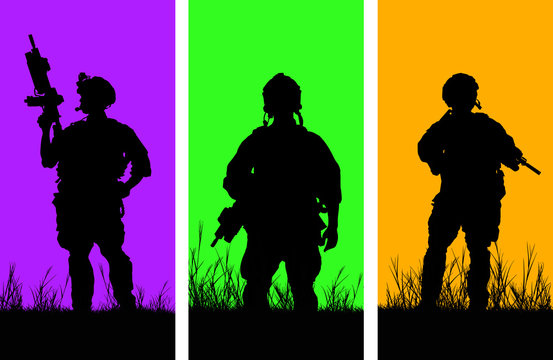 Three Rangers silhouette with arms on different colored background