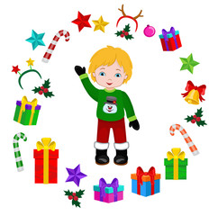 Boy with Christmas Costume and round frame. Vector cartoon illustration.