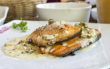 grilled salmon with seafood sauce
