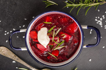 Ukrainian and Russian National vegetable soup - red borsch in pot