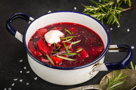 Ukrainian and Russian National vegetable soup - red borsch in pot
