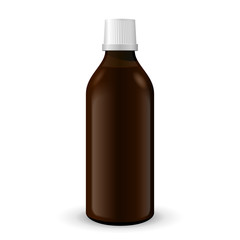 Medical Or Alcohol Glass Brown Bottle On White Background Isolated. Ready For Your Design. Product Packing. Vector EPS10