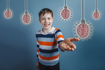 adolescent boy laughing and held out his hand forward gesture of