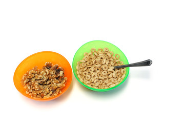 walnut and cereal in colorful bowl