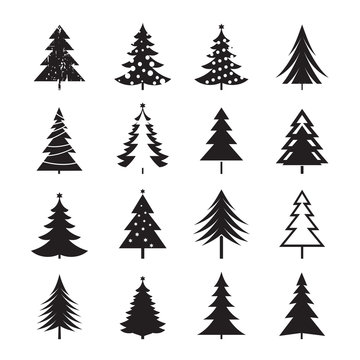 Set of black Christmas Tree. Vector Illustrations.