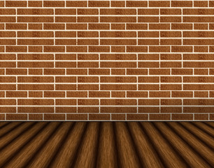 brown brick wall and wooden floor interior background