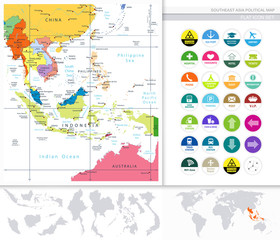 Fototapeta na wymiar Southeast Asia Political Map and Flat Icon Set
