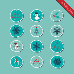 A set of Christmas round stickers, scrapbook, gift tags with snowman, tree, snowflakes and Christmas design elements in navy blue, blue, red, turquoise and white colors with blue background.