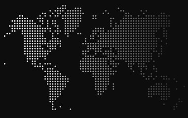 Gradient dots world map on black background, vector illustration.