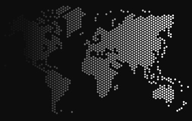 Gradient hexagon world map on black background, vector illustration.