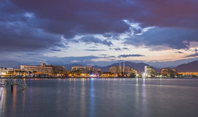 Central beach of Eilat at dawn. Eilat is a famous resort and recreation city in Israel
