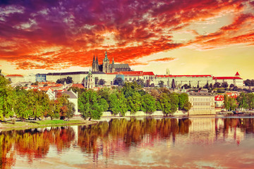 View of Prague Castle from waterfront  Vltava river in Prague.Cz