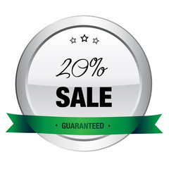 20% Sale seal or icon. Silver seal or button with stars and green banner.