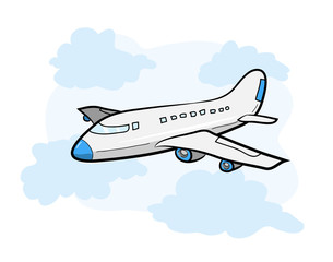 Airplane in the Sky, a hand drawn vector illustration of an airplane flying in the sky, the airplane, and background elements are on their own separate groups for easy editing.