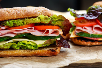 Grilled Sandwich with lettuce, slices of fresh tomatoes, cucumber, red onion, salami, ham and cheese.