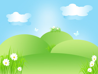 Cheerful idyllic spring landscape - green hills and meadows, blue sky, and white clouds. Illustration.