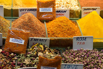 Different types of tea in the Grand Bazaar in Istanbul, Turkey