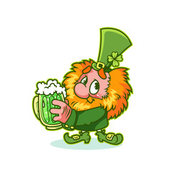 Shy Leprechaun in green costume with mug green beer.