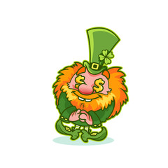Funny Leprechaun in green costume with gold fever.