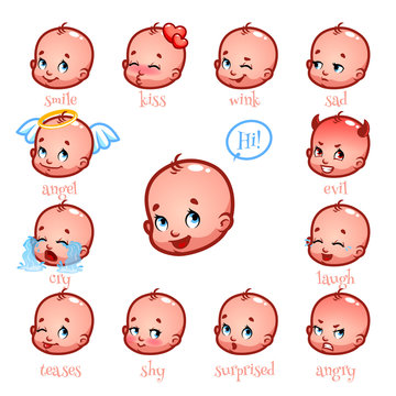 Set of emoticons funny baby. Smile, kiss, wink, sad, evil, cry,