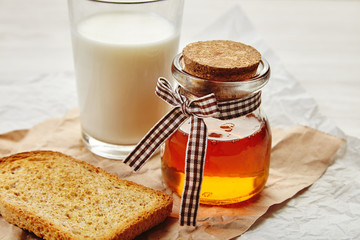 Closeup of honey jar laced with pretty tape as a gift