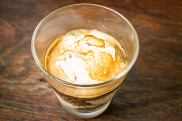 Glass of vanilla ice cream affogato coffee