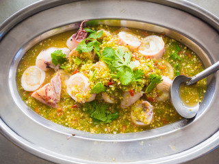 Delicious spicy squid with egg