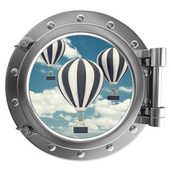Chrome ship porthole with the image in window air balloon on sky
