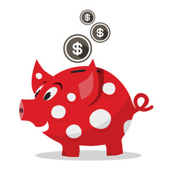 Obraz premium Funky Red Money Pig - Piggy Bank with Dollar Coins Vector Isolated on White Background