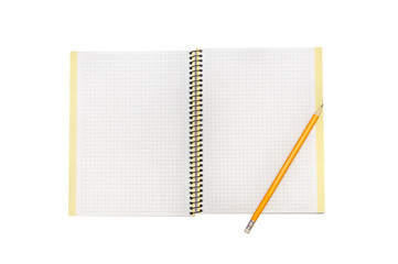 Open spiral notepad and pencil isolated on white