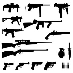 weapon and gun set collection icons black silhouette vector illustration