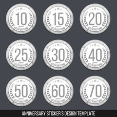 Vector set of anniversary signs, symbols. 10, 15, 20, 25, 30, 40, 50,60, 70 years jubilee design elements collection. 10th, 15th, 20th, 25th, 30th, 40th, 50th,60th, 70th anniversary logo.