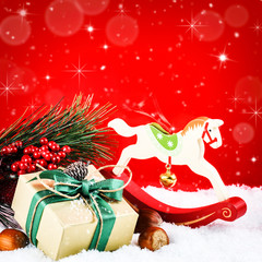 Christmas ornaments in vintage style over red background